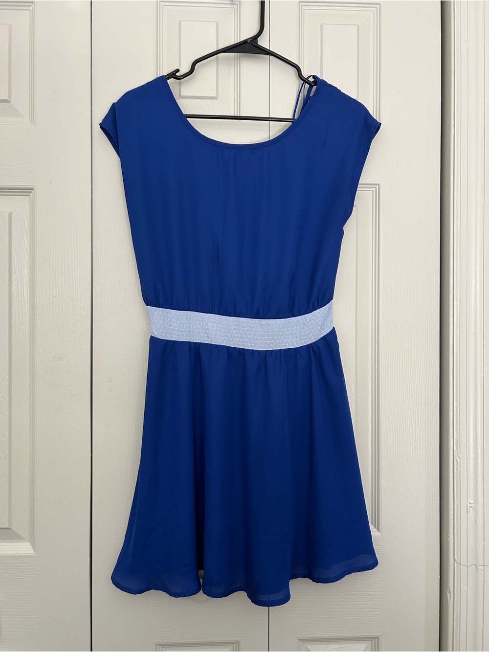 Royal Blue Cap-Sleeve Fit & Flare Dress with Contrast Waist